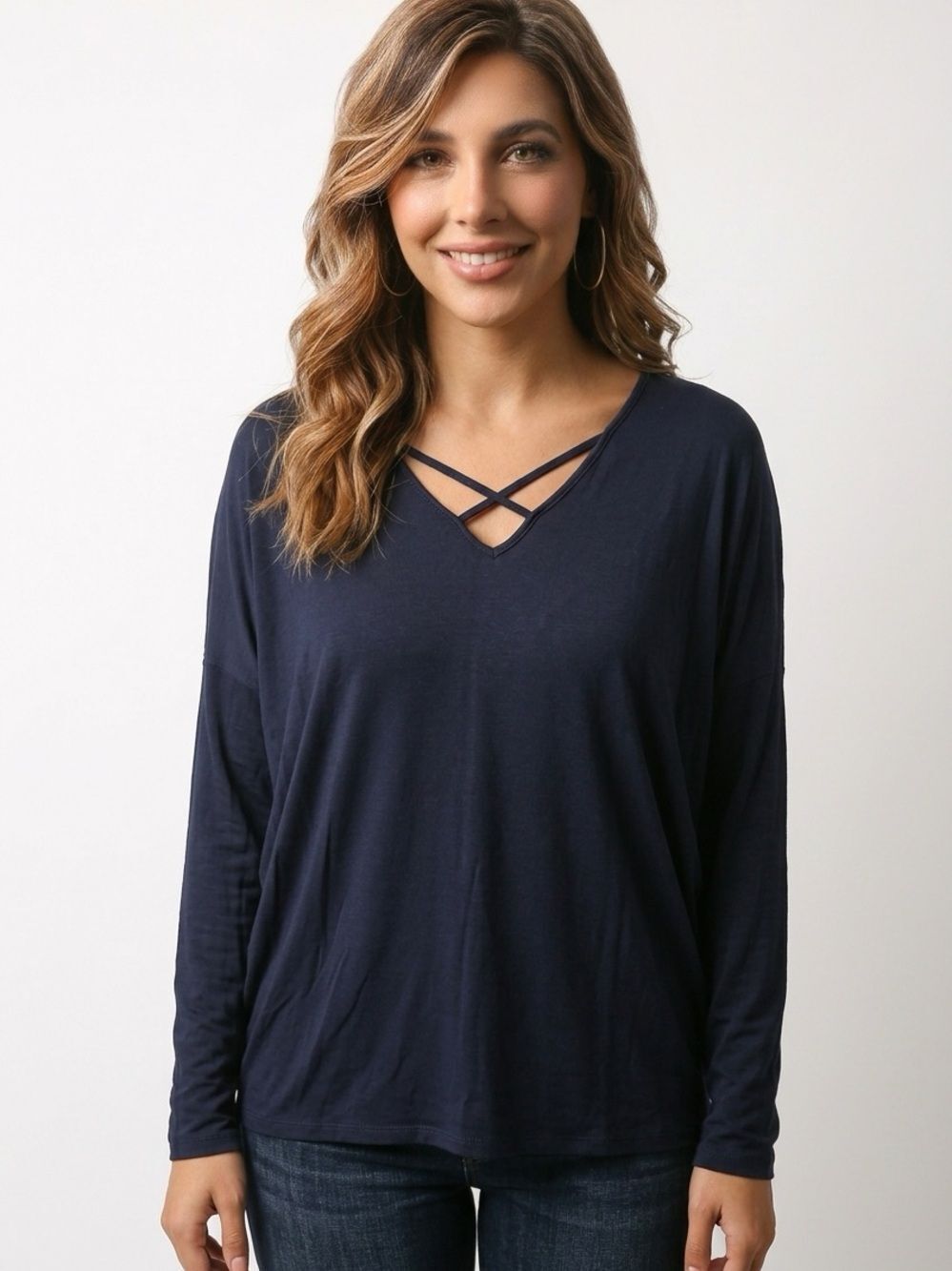 ALYA | Dark Blue Crisscross Long Sleeve Shirt Women’s Size Large